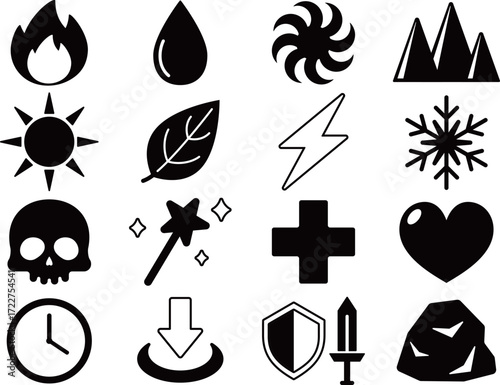 ゲームの属性アイコン16種セット　モノトーン