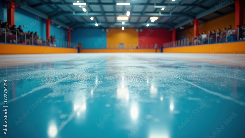 Fototapeta premium A brightly lit indoor skating rink floor, showcasing a vibrant blue surface with people spectating in the background.