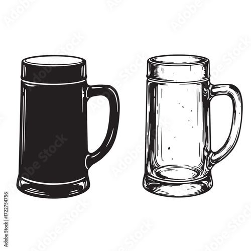 Vector illustration of two beer mugs in a vintage hand drawn style