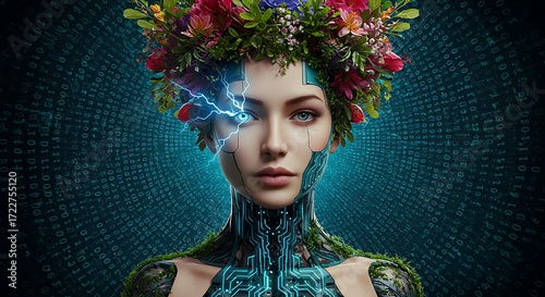 Futuristic Woman with Floral Crown A Fusion of Nature and Technology