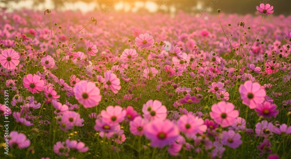 Naklejka premium Pink cosmos field at sunset