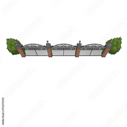 Metal gates with brick pillars, top view 