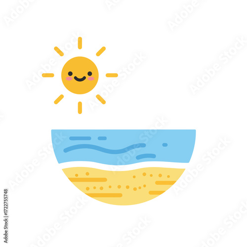 Cute smiling sun shines above beach and ocean waters. Suitable for summer vacation, travel websites, or inspirational designs.