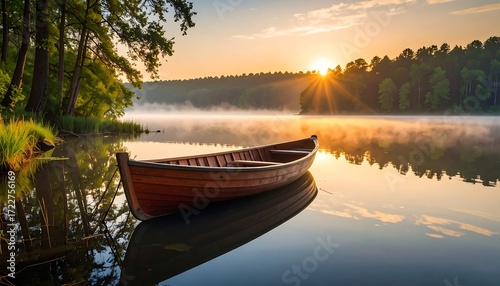 Serene sunrise over calm lake, wooden rowboat gently floats