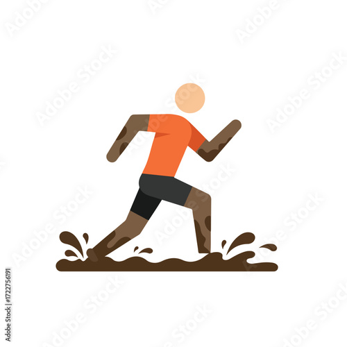 Man running through mud in orange shirt and grey shorts. Suitable for sports, fitness, determination, and overcoming obstacles concepts.