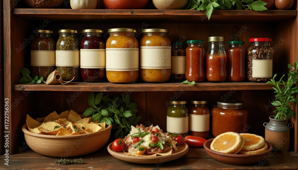 Fototapeta premium Rustic pantry jars, vintage country kitchen, warm wood tones, storage