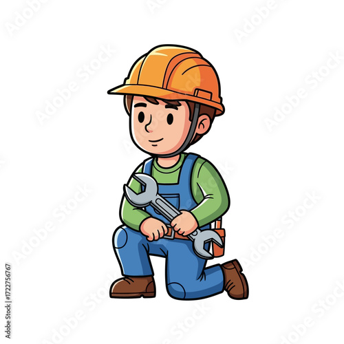 little mechanic kneeling, wrench in hand, ready to fix, isolated on transparent background