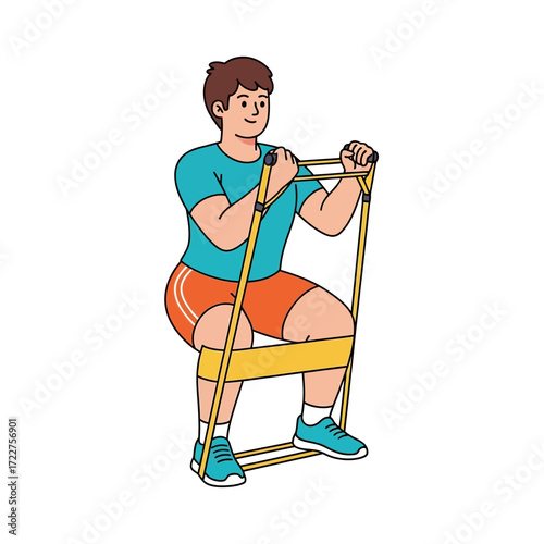 mans determined fitness journey squat strength and resistance band workout, isolated on transparent background