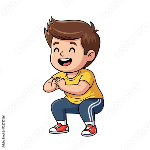 playful child cartoon squats happy fitness fun, isolated on transparent background
