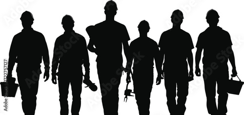 group of construction workers walking forward silhouettes carrying tools teamwork unity labor workforce industrial job building site engineering safety gear occupation profession industry