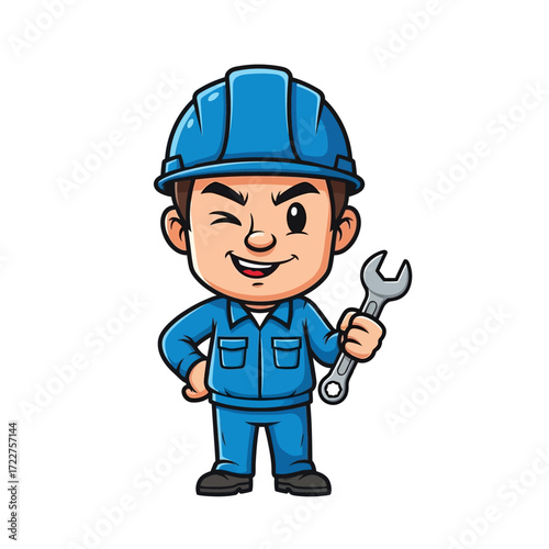 playful mechanic winking cartoon engineer with wrench, isolated on transparent background
