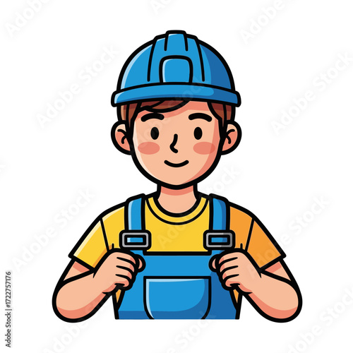 portrait of a cheerful young handyman a friendly and helpful cartoon builder, isolated on transparent background