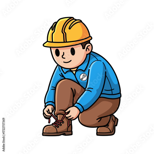 ready to work a cartoon construction worker tying his boots, isolated on transparent background