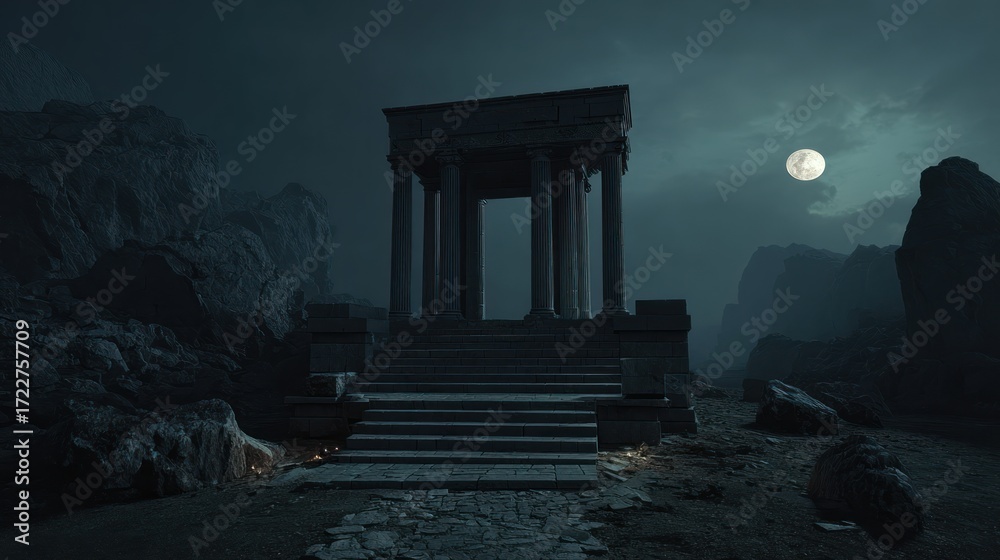 Fototapeta premium A stone temple is nestled amongst rugged terrain under a full moon