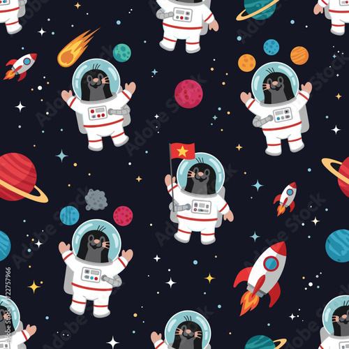 Playful seamless pattern cartoon astronaut moles rockets planets and stars in cosmic adventure