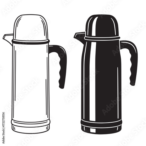 Vintage style black and white illustration of two thermos flasks with handles