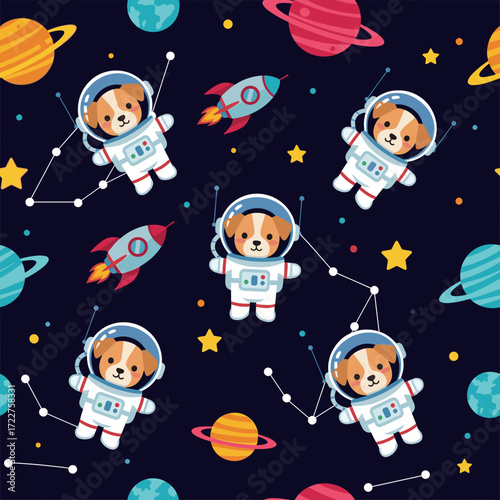 Cute astronaut dogs and rockets explore colorful outer space perfect for childrens designs