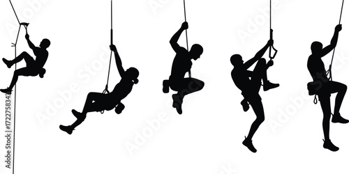 Silhouette of rock climbers ascending ropes, adventure sports concept, extreme outdoor activity, teamwork, mountain climbing, fitness challenge, black and white.