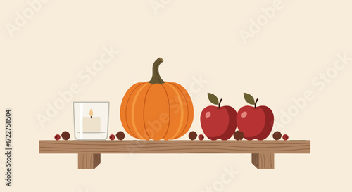 Autumnal minimalist shelf arrangement featuring a pumpkin, red apples, cranberries, and a candle for fall decoration and seasonal greeting cards