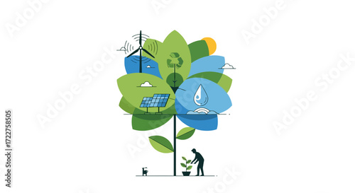 An illustration of sustainable energy solutions and environmental conservation efforts for a greener future, showing renewable resources and eco-friendly practices for environmental design