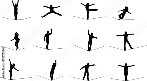 Silhouettes of acrobats, dancers, performers balancing on tightrope, elegant poses, minimalist black and white art, abstract balance concept