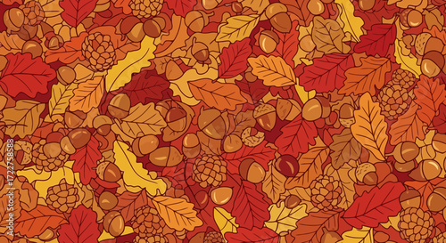 An autumnal digital design showcasing a seamless pattern of colorful fall leaves, acorns, and pinecones for seasonal textiles, wallpaper, and thanksgiving backgrounds
