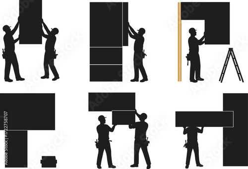 construction workers silhouettes installing drywall panels wall boards renovation building site teamwork labor repair industry interior work contractor handyman construction process
