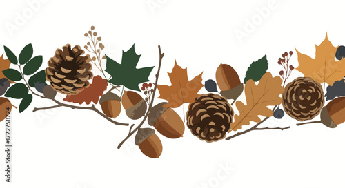 An autumn-themed decorative border featuring pine cones, acorns, and maple leaves in warm autumnal hues for seasonal banners and invitations