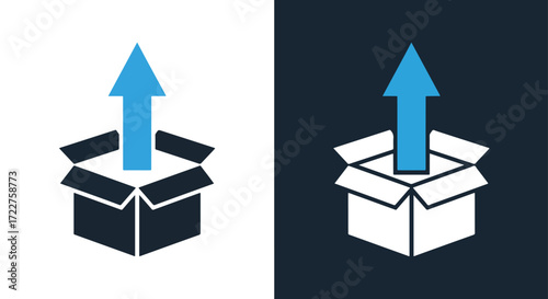 Blue arrow emerging from open cardboard box symbolizing growth and success