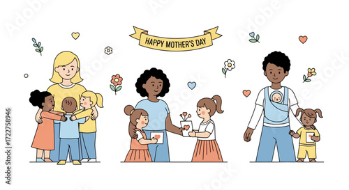 A charming vector illustration portraying diverse families celebrating Mother's Day with heartfelt gifts and embraces, conveying love and appreciation for maternal figures