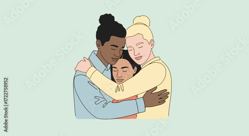 An illustration featuring three diverse people embracing, promoting empathy, support, and inclusivity for mental health awareness campaigns and community outreach programs