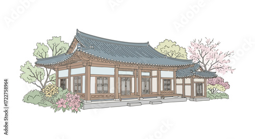 Artistic rendering of a traditional Korean building surrounded by stylized trees and flowering shrubs for cultural designs and architectural studies