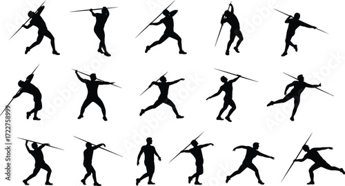 Silhouettes of javelin throwers in motion, athletic sport poses, vector illustration, track and field competition, throwing technique sequence