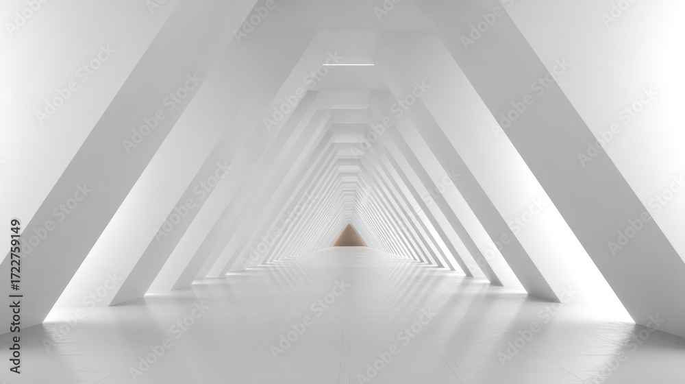 Naklejka premium Bright hallway, angled geometric columns, diminishing perspective leads to a distant light