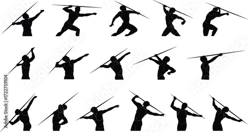Silhouettes of javelin throwers in motion, athletic sport poses, vector illustration, track and field competition, throwing technique sequence