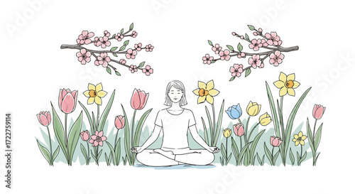 A serene illustration of a woman meditating in a garden of spring flowers, featuring tulips, daffodils, cherry blossoms, and other colorful blooms for wellness and mindfulness