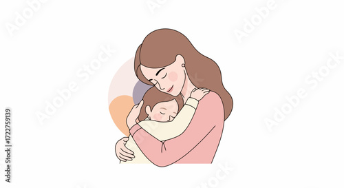 A heartwarming illustration of a mother tenderly embracing her child, depicting maternal love, care, and affection for children's books, parenting blogs, and family-themed articles