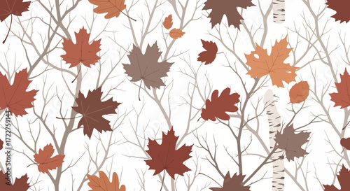 An elegant autumnal pattern featuring various shades of maple and oak leaves intertwined with bare birch branches against a clean white backdrop for seasonal designs