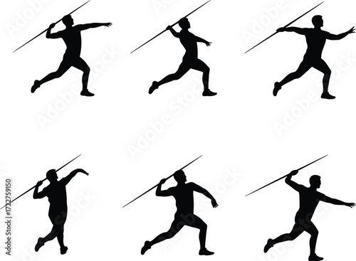 Silhouettes of javelin throwers in motion, athletic sport poses, vector illustration, track and field competition, throwing technique sequence