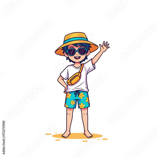 summer vacation happy boy waves hello from tropical beach, isolated on transparent background