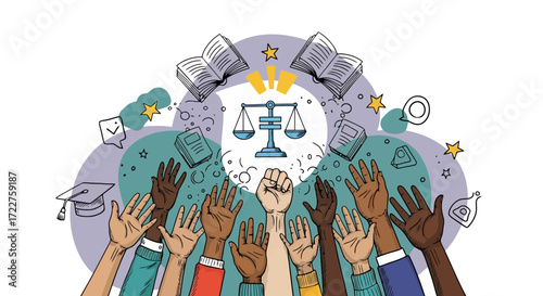 An illustration depicting raised hands of diverse people symbolizing equality and justice, paired with educational symbols for social empowerment