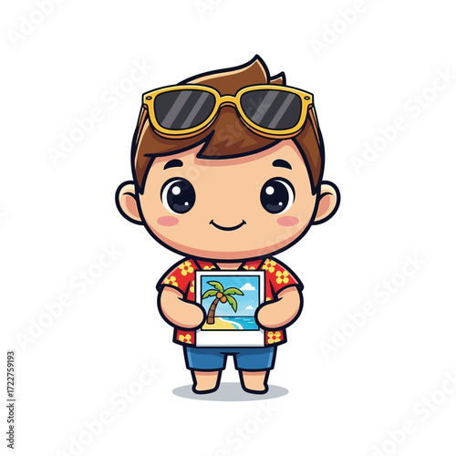 summer vacation memories cute boy shows tropical photo, isolated on transparent background