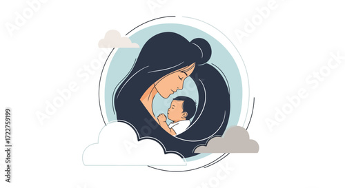 A serene depiction of motherhood showcasing a mother embracing her child in a gentle and comforting manner within a soft, pastel-colored, circular design suitable for nurturing themes