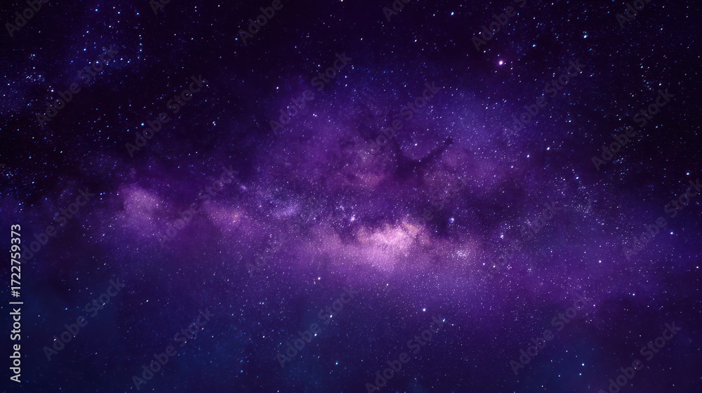 Naklejka premium A violet-tinged cosmic nebula with dense areas and scattered light in the vast darkness