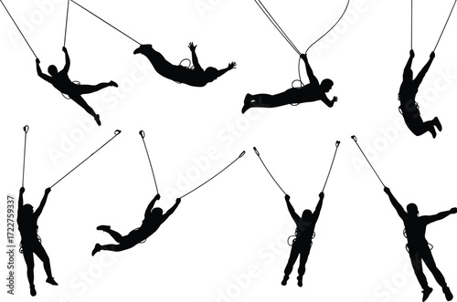 Silhouettes of people bungee jumping, extreme adventure sport, high adrenaline activity, outdoor thrill seekers, rope jumpers, fearless jump silhouettes