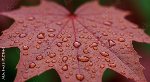 Close-up of a Vibrant Autumn Maple Leaf with Raindrops Reflecting the Beautiful Colors of Fall