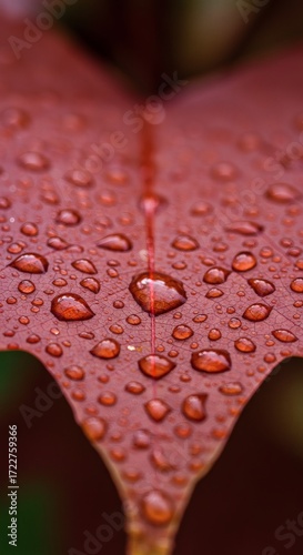 Vibrant red leaf covered in glistening water droplets, a close-up macro shot capturing the freshness of morning dew in nature