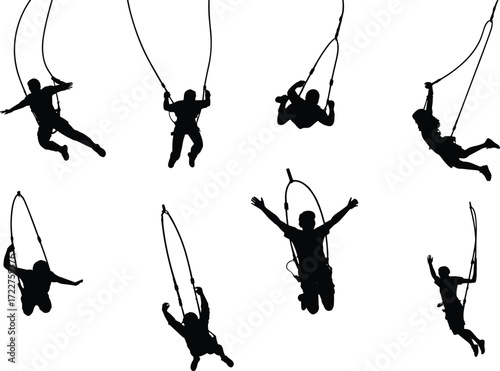 Silhouettes of people bungee jumping, extreme adventure sport, high adrenaline activity, outdoor thrill seekers, rope jumpers, fearless jump silhouettes
