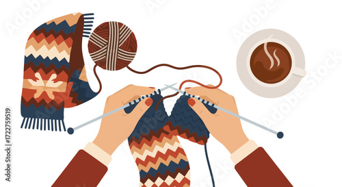 Cozy Knitting Illustration Featuring Hands, Yarn, Needles, Scarf, and Hot Drink for Creative Relaxation, Craft Projects, or Winter-Themed Design