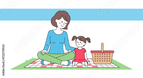 A heartwarming cartoon illustration of a mother and daughter enjoying a picnic together on a checkered blanket in a serene outdoor setting for family lifestyle content